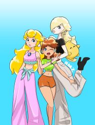 Rule 34 | 3girls, blonde hair, blue eyes, breasts, brooch, earrings, flipped hair, flower earrings, grin, hair over one eye, highres, jewelry, long hair, looking at viewer, luma (mario), mario (series), medium breasts, midriff, multiple girls, navel, nintendo, one eye closed, princess daisy, princess peach, ribbon, rosalina, short, smile