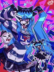 1girl amemiya_darumi black_hair black_skirt blue_eyes blue_hair fangs female_focus highres holding holding_knife knife long_hair multicolored_hair multiple_views pink_background pleated_skirt realshadyghost safety_pin shirt simple_background sirei_(hundred_line) skirt striped_clothes striped_shirt teeth the_hundred_line_-last_defense_academy- tongue tongue_out twintails