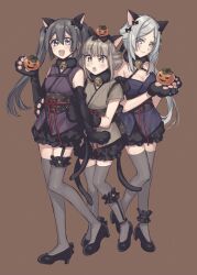 3girls alternate_costume animal_ears animal_hands bare_shoulders black_gloves black_shoes blue_eyes blue_hair blue_kimono breasts brown_hair brown_kimono cat_ears cat_paws cat_tail cleavage closed_mouth commentary_request elbow_gloves fake_animal_ears full_body fur_collar gloves grey_hair grey_thighhighs hair_between_eyes halloween_costume hand_up hands_up high_heels highres hiroe_chiharu holding holding_pumpkin jack-o&#039;-lantern japanese_clothes kimono long_hair long_sleeves looking_at_viewer magia_record:_mahou_shoujo_madoka_magica_gaiden mahou_shoujo_madoka_magica medium_breasts multiple_girls open_mouth paw_gloves pumpkin purple_eyes purple_kimono shoes short_hair sidelocks smile standing tail thighhighs toki_sunao tokime_shizuka twintails yukishiro_(hitsuji)