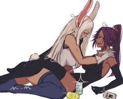 Rule 34 | 2girls, alcohol, animal ears, beer, black gloves, black leotard, black thighhighs, black vs white, bleach, bleach: sennen kessen-hen, blue thighhighs, boku no hero academia, crossover, dark-skinned female, dark skin, drunk, elbow gloves, female focus, gloves, hair ornament, highres, leotard, long hair, looking at another, mirko, mmsb 551, multiple girls, ponytail, purple hair, rabbit ears, rabbit girl, rabbit tail, shihouin yoruichi, simple background, tail, thighhighs, trait connection, white background, white gloves, white hair, white leotard, yellow eyes