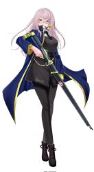 1girl artist_name black_jacket black_necktie black_pants black_shoes blue_coat coat collared_shirt e.g.o_(project_moon) full_body glasses goddess_of_victory:_nikke green_eyes grey_hair gun highres holding holding_gun holding_weapon jacket kaguracchi_(kaguracchi77) lobotomy_corporation long_hair looking_at_viewer magic_bullet_(e.g.o) necktie neon_(nikke) pants project_moon rifle shirt shoes simple_background smoking_pipe solo standing weapon white_background white_shirt yellow_trim