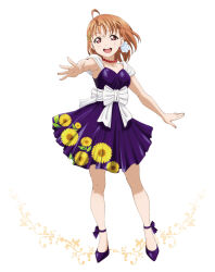 1girl :d ahoge ankle_ribbon artbook bow breasts collarbone dress earrings floral_print flower full_body hair_ornament high_heels highres jewelry leg_ribbon looking_at_viewer love_live! love_live!_sunshine!! necklace non-web_source official_art open_mouth orange_hair outstretched_arm pumps purple_dress red_eyes ribbon short_dress short_hair smile solo standing strapless strapless_dress takami_chika white_background white_bow