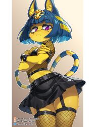 1girl :&lt; ancient_egyptian animal_crossing animal_ears ankha_(animal_crossing) belt black_belt black_skirt blunt_bangs bob_cut breasts brown_background cat_ears cat_girl cat_tail crossed_arms fingernails frown furry furry_female garter_straps hair_ornament highres laz_gm looking_at_viewer nintendo pink_eyes pleated_skirt sharp_fingernails short_hair skirt snake_hair_ornament solo striped_tail tail thighhighs white_background