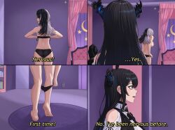 2girls bed bedroom black_bra black_hair black_panties bookshelf bra breasts comic electrical_outlet english_text from_behind gardavwar gloves hololive hololive_english horns indoors looking_back multicolored_hair multiple_girls nerissa_ravencroft panties shiori_novella underwear undressing virtual_youtuber watching yuri