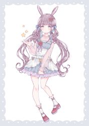 1girl absurdres animal_ears aqua_bow blue_bow blue_dress blush bow brown_eyes brown_hair closed_mouth commentary dress frilled_dress frilled_socks frills full_body hair_bow hair_ornament hand_up heart heart_hair_ornament highres long_hair looking_at_viewer original pinafore_dress rabbit_ears red_shoes see-through_clothes see-through_shirt shirt shoes sleeveless sleeveless_dress socks solo star_(symbol) symbol-only_commentary ting_(tingiiio) twintails white_background white_socks