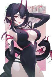 1girl :d absurdres animal_on_arm arm_behind_back arm_belt belt black_hair border breasts choker cleavage_cutout clothing_cutout cowboy_shot double-parted_bangs dragon elbow_gloves fang gift_art gloves hair_between_eyes halterneck highres horns indie_virtual_youtuber looking_at_viewer maki_(oni_kanzei) medium_hair open_mouth outside_border pelvic_curtain pointy_ears red_eyes red_horns sideboob smile solo thigh_belt thigh_strap twisted_torso white_border yoimon