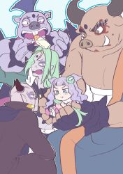 absurdres animal_ears baby baby_bottle bald battamonda blush bottle bow brown_eyes buck_teeth colored_skin ellee-chan fingerless_gloves furry furry_male gloves grabbing_another&#039;s_hair green_eyes green_hair hair_ornament highres hirogaru_sky!_precure horns kabaton_(precure) kneeling long_hair minotauron necktie pig_boy pig_ears pink_hair precure purple_hair purple_skin skearhead tearing_up teeth temoshi_(tmtm1932) two_side_up wing_hair_ornament