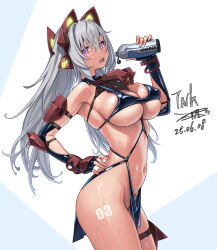 1girl bikini bikini_top_only black_bikini black_gloves bottle breasts cowboy_shot dated elbow_gloves fingerless_gloves from_side gloves grey_hair hair_between_eyes headgear large_breasts leg_tattoo long_hair looking_at_viewer navel open_mouth original pelvic_curtain purple_eyes revealing_clothes signature skindentation solo swimsuit takada_kazuhiro tattoo water_bottle