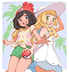 2girls beachepisode beanie black_hair blonde_hair blue_eyes blunt_bangs blush braid breasts collared_dress dress green_eyes green_shorts hat highres holding holding_poke_ball lillie_(pokemon) long_hair looking_at_viewer multiple_girls nintendo open_mouth poke_ball poke_ball_(basic) pokemon pokemon_sm red_hat selene_(pokemon) shirt short_hair short_sleeves shorts sleeveless sleeveless_dress smile sun_hat sundress tied_shirt twin_braids white_dress white_hat yellow_shirt