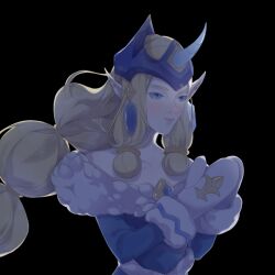 1girl afurrybrownie alternate_costume alternate_eye_color alternate_hair_color blonde_hair blue_dress blue_eyes blue_hat dress fur_trim hat horns jewelry league_of_legends long_hair looking_at_viewer mittens own_hands_together pointy_ears single_horn solo soraka_(league_of_legends) upper_body very_long_hair white_mittens winter_wonder_soraka