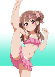 Rule 34 | 1girl, 22/7, bikini, bikini skirt, brown eyes, brown hair, frilled bikini, frills, hair ornament, hair ribbon, hairclip, looking at viewer, mizusaki johnko, navel, pink bikini, ribbon, sera honoka, smile, solo, split, standing, standing on one leg, standing split, swimsuit, two side up