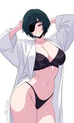 1girl absurdres black_bra bra breasts chainsaw_man cleavage gratam highres himeno_(chainsaw_man) large_breasts lingerie navel shirt simple_background solo twitter_username underwear white_background white_shirt