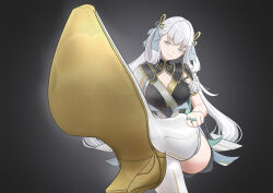 1girl absurdres boots grey_eyes highres jinhsi_(wuthering_waves) light_smile long_hair looking_at_viewer shoes thigh_boots translucent treadml white_hair wuthering_waves