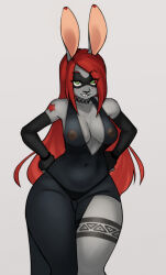 1girl animal_ears bare_shoulders black_dress black_gloves black_panties blush collarbone colored_skin cowboy_shot dress fingerless_gloves furry furry_female gloves green_eyes grey_background grey_skin highres long_hair original panties rabbit_ears rabbit_girl red_hair see-through_clothes see-through_dress simple_background smile teeth underwear woolrool