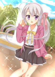 Rule 34 | 1girl, :d, ahoge, ayachi nene, black skirt, blue sky, blurry, blurry background, blush, bow, bowtie, buttons, casual, collared shirt, colored eyelashes, commentary request, day, dress shirt, eyes visible through hair, feet out of frame, fountain, frilled skirt, frills, fuyukichi (nikoniko1567), grey hair, hair between eyes, hair bow, hair ribbon, hand up, happy, highres, huge ahoge, jacket, long hair, looking at viewer, miniskirt, neck ribbon, official alternate costume, official alternate hairstyle, open clothes, open jacket, open mouth, outdoors, park, pleated skirt, purple eyes, red bow, red jacket, red ribbon, ribbon, sanoba witch, shirt, side ponytail, sidelocks, skirt, sky, sleeves past wrists, smile, solo, sparkle, standing, tree, very long hair, white shirt, yellow bow, yellow bowtie, yellow ribbon