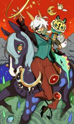 1other 2girls absurdres animal brown_pants brown_shirt cloud creature crescent_moon demon_girl demon_tail eyepatch fangs fish full_body furry goat_horns highres horns horse horseback_riding long_hair looking_at_viewer momomo_906 moon multicolored_eyes multiple_girls original outdoors pants rain red_eyes red_sky riding severed_leg severed_limb shirt sickle sitting sky tail vest water white_hair yellow_eyes