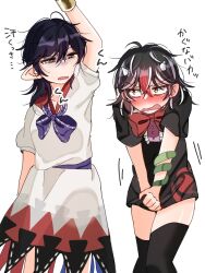 2girls arm_up arrow_(symbol) asymmetrical_wings belt black_dress black_hair black_thighhighs blush bow bowtie bracelet buttons collarbone cosplay costume_switch cowboy_shot dress frills gold_bracelet hair_between_eyes half-closed_eyes highres horns houjuu_nue houjuu_nue_(cosplay) jewelry kijin_seija kijin_seija_(cosplay) looking_at_another medium_hair multicolored_hair multiple_girls open_mouth pointy_ears puffy_short_sleeves puffy_sleeves purple_belt purple_bow purple_bowtie red_bow red_bowtie red_hair sailor_collar shiya_re27 short_dress short_hair short_sleeves simple_background snake standing sweatdrop thighhighs tomoe_(symbol) touhou translation_request v-shaped_eyebrows white_background white_hair wings yellow_eyes