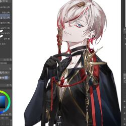 Rule 34 | art program in frame, blue eyes, chest jewel, earrings, eyeshadow, eyeshadow under eye, fate/grand order, fate (series), gradient hair, hair ornament, jewelry, karna (fate), karna (fgo fes. 2025) (fate), looking at viewer, makeup, medium hair, multicolored hair, multiple earrings, pale skin, potato goril, red eyeshadow, red hair, simple background, smile, upper body, white background, white hair