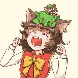 Rule 34 | 2girls, animal ear piercing, animal ears, blush, bow, bowtie, brown hair, cat ears, chen, chibi, closed eyes, earrings, eyelashes, fingernails, frills, gold trim, hands up, happy, hat, jewelry, long sleeves, messy hair, mob cap, multiple girls, numenoko, open mouth, red vest, short hair, simple background, single earring, swept bangs, teeth, touhou, upper body, vest, white background, yellow bow, yellow bowtie