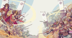 abs armor axe banner brown_eyes brown_hair cape castle facial_hair hammer helmet japanese_clothes muscular muscular_male mustache people polearm sengoku_musou shield shimazu_toyohisa shimazu_yoshihiro spear sword tachibana_ginchiyo tachibana_muneshige weapon white_hair yoshicha