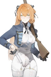 Rule 34 | 1girl, absurdres, artist name, black gloves, black ribbon, blue jacket, bolt action, breasts, commentary, coteri, cowboy shot, english commentary, girls&#039; frontline, girls&#039; frontline 2: exilium, gloves, green eyes, gun, hair ribbon, highres, holding, holding gun, holding weapon, jacket, long hair, looking at viewer, m1903 springfield, open mouth, orange hair, pants, ribbon, rifle, smile, solo, springfield (girls&#039; frontline), springfield (girls&#039; frontline 2), weapon, white background, white mouth, white pants