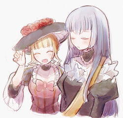 Rule 34 | 2girls, ^ ^, bakara (19083210), beatrice (umineko), black choker, black hat, black shirt, blonde hair, blue hair, blush, choker, closed eyes, commentary request, cropped torso, flower, frilled choker, frills, hand up, hat, juliet sleeves, long hair, long sleeves, multiple girls, open mouth, puffy sleeves, red flower, red rose, rose, shirt, simple background, smile, u u, umineko no naku koro ni, virgilia (umineko), white background