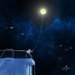 Rule 34 | 1other, absurdres, artist name, backpack, bag, blue jacket, building, commentary, fish, flying fish, full moon, gloves, hand on railing, helmet, highres, jacket, kazunoko (kazunoko zunoco), looking up, moon, night, night sky, on railing, original, outdoors, pull string, radio antenna, railing, signature, sky, solo, space helmet, standing, star (sky), starry sky, white gloves
