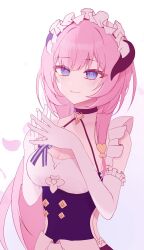 1girl black_dress blue_eyes breasts cleavage dress elbow_gloves elysia_(honkai_impact) elysia_(miss_pink)_(honkai_impact) elysia_(miss_pink_elf)_(honkai_impact) fake_horns gloves hashtag-only_commentary highres honkai_(series) honkai_impact_3rd horns large_breasts lilim0102 long_hair looking_at_viewer maid maid_headdress own_hands_together pink_hair simple_background smile solo upper_body very_long_hair white_background white_gloves