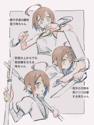 Rule 34 | 1girl, ahoge, blue hair, blush, border, brown hair, closed mouth, colored inner hair, commentary request, cropped torso, dual wielding, frown, grey background, hand up, highres, holding, idolmaster, idolmaster cinderella girls, imay3927, karambit, layered sleeves, long sleeves, looking at viewer, multicolored hair, multiple views, open mouth, outside border, over shoulder, reverse grip, serious, short hair, short over long sleeves, short sleeves, simple background, smile, tank top, three section staff, translation request, undershirt, v-shaped eyebrows, wakiyama tamami, weapon, weapon over shoulder, weapon request, white border, white tank top, yellow eyes