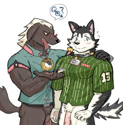 2boys a-shuo_(zenless_zone_zero) absurdres animal_ears bara black_fur blue_shirt blush brown_fur cigarette closed_mouth commentary_request dog_boy dog_ears dog_nose dog_tail flaccid floppy_ears flying_sweatdrops furry furry_male green_shirt hayahaya50 highres howl_(zenless_zone_zero) looking_at_another looking_to_the_side male_focus mars_symbol multicolored_fur multiple_boys muscular muscular_male no_pants open_mouth pawpads penis round_eyewear saliva shirt smile speech_bubble spoken_mars_symbol tail tongue tongue_out veins veiny_penis white_fur zenless_zone_zero