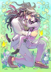 Rule 34 | 2boys, black hair, brown hair, brown pants, closed eyes, danganronpa (series), danganronpa v3: killing harmony, flower, formal clothes, full body, glasses, gokuhara gonta, height difference, highres, imminent kiss, jewelry, kumakoro (tetsupag), leaf, long hair, long sleeves, male focus, messy hair, multiple boys, oma kokichi, pants, parted lips, petals, ring, rose, suit, vest, white flower, white rose, white suit, yaoi, yellow eyes