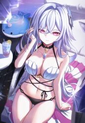 1girl absurdres alternate_costume arm_support bare_shoulders bikini black_bikini black_choker blue_nails breasts choker cleavage genshin_impact hair_ornament halterneck hand_in_own_hair highres ice ice_cube large_breasts looking_at_viewer nail_polish navel pink_eyes pool sitting skirk_(genshin_impact) stuffed_toy suyan swimsuit