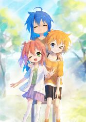 Rule 34 | 3girls, :3, = =, absurdres, ap04astral, black shorts, blonde hair, blue eyes, blue hair, bow, brown shirt, chair, closed eyes, dress shirt, green eyes, green shirt, hair bow, hand on another&#039;s head, hand on another&#039;s shoulder, highres, izumi konata, jacket, kobayakawa yutaka, looking at viewer, lucky star, multiple girls, on chair, one eye closed, park, patricia martin, pleated skirt, purple skirt, red hair, ribbon, shirt, shorts, side ponytail, skirt, smile, socks, standing, standing on chair, thighhighs, tree, white bow, white jacket, white thighhighs, yellow ribbon, yellow shirt, yellow socks