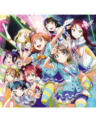 6+girls ahoge aozora_jumping_heart aqua_eyes artbook black_hair blonde_hair blue_eyes blue_hair bow braid brown_hair earrings floating_hair flower gloves grey_hair grin hair_bow hair_flower hair_ornament hand_on_own_hip hat highres jewelry kunikida_hanamaru kurosawa_dia kurosawa_ruby long_hair looking_at_viewer love_live! love_live!_sunshine!! matsuura_kanan mole mole_under_mouth multiple_girls neckerchief non-web_source official_alternate_costume official_art ohara_mari one_eye_closed open_mouth orange_hair ponytail purple_eyes purple_hair red_eyes red_hair sakurauchi_riko salute shirt short_hair short_sleeves shorts skirt smile stage takami_chika thighhighs tsushima_yoshiko watanabe_you white_gloves yellow_eyes