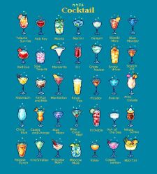 Rule 34 | alcohol, bloody mary (drink), blue background, cocktail, cocktail glass, commentary, cup, drink, drinking glass, english commentary, english text, food, food focus, food name, fruit, grasshopper (drink), highres, kir (drink), lime (fruit), lime slice, mai-tai, manhattan (drink), margarita, martini, mojito, original, picador (drink), pina colada, pixel art, royal fizz, screwdriver (drink), simple background, tequila sunrise, yuuki mokuya