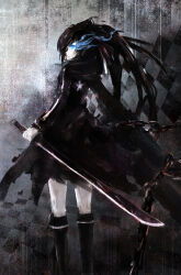 Rule 34 | 1girl, absurdres, black coat, black hair, black rock shooter, black rock shooter (character), blue fire, boots, chain, coat, fire, flaming eye, gavinlee, glowing, glowing eye, highres, long hair, pale skin, solo, star (symbol), sword, twintails, uneven twintails, weapon