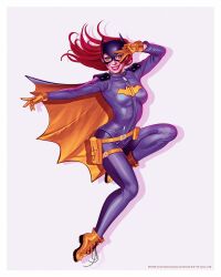 1girl barbara_gordon batgirl batgirl_costume_(2014) belt boots border breasts cape commentary copyright_notice dc_comics english_commentary english_text full_body gloves green_eyes highres john_keaveney long_hair looking_at_viewer medium_breasts official_art parted_lips pouch red_hair simple_background smile solo superhero_costume thigh_strap v v_over_eye white_border yellow_belt yellow_boots yellow_cape yellow_gloves