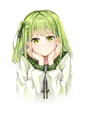 1girl absurdres black_ribbon blush closed_mouth commentary_request green_eyes green_hair hair_ribbon highres one_side_up original ribbon rissenka shirt smile solo white_background white_shirt