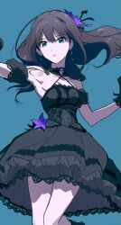 1girl arm_up armpits black_choker black_dress black_hair bloom_into_me15 blue_background breasts choker cowboy_shot detached_sleeves dress dress_flower earrings floating_hair flower frilled_choker frills green_eyes hand_up highres idolmaster idolmaster_cinderella_girls jewelry long_hair parted_lips puffy_detached_sleeves puffy_sleeves purple_flower shibuya_rin simple_background solo