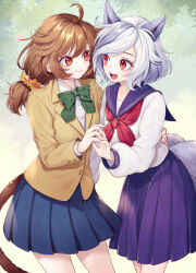 Rule 34 | 2girls, :d, ahoge, alternate costume, animal ears, blue hair, blue skirt, bow, bowtie, brown hair, commentary request, commission, cowboy shot, dog ears, dog girl, dog tail, green background, green bow, green bowtie, jacket, long hair, long sleeves, mitsugashira enoko, monkey girl, monkey tail, multicolored hair, multiple girls, neckerchief, open mouth, pleated skirt, purple sailor collar, purple skirt, red eyes, red neckerchief, sailor collar, school uniform, shirt, short hair, skeb commission, skirt, smile, son biten, streaked hair, tail, tomobe kinuko, touhou, white hair, white shirt, yellow jacket, yuri