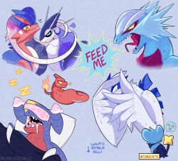 :3 :d puff_of_air ? anger_vein animal_focus arrow_(symbol) artist_name black_sclera blanket blush_stickers charmeleon closed_mouth colored_sclera constricted_pupils covering_face creatures_(company) english_text fire flinch game_freak gameplay_mechanics garchomp gen_1_pokemon gen_2_pokemon gen_4_pokemon grey_background happy_aura hat highres hug koraidon legendary_pokemon lugia lying miraidon momosaurus motion_lines night_clothes nightcap nintendo no_humans notice_lines on_back on_side open_mouth orange_eyes pillow pokemon pokemon_(creature) prehensile_hair purple_eyes roaring_moon saliva scared sharp_teeth shinx shouting simple_background sleep_mask sleeping small_pupils smile speech_bubble spoken_blush sweatdrop teeth tendril tongue tongue_out trembling under_covers uwu yellow_sclera zzz