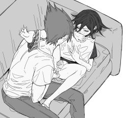 Rule 34 | 2boys, anal fingering, blush, censored, couch, danganronpa (series), danganronpa v3: killing harmony, feet, fingering, greyscale, hair between eyes, highres, hugging object, lying, male focus, medium hair, miri (bossu osu), momota kaito, monochrome, multiple boys, novelty censor, oma kokichi, on back, pants, pillow, pillow hug, shirt, short sleeves, sitting, sweat, trembling, uncensored, underwear around one leg, yaoi