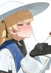 1boy 1girl after_fellatio black_gloves blonde_hair blush closed_eyes cum cum_in_mouth cum_on_body cum_on_hands cum_string flasso gloves hat hetero highres open_hands out_of_frame penis phoebe_(wuthering_waves) solo_focus stray_pubic_hair white_hat wuthering_waves