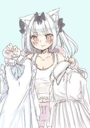 Rule 34 | 1girl, animal ear fluff, animal ears, azur lane, black ribbon, blue background, cat ears, cat girl, closed mouth, clothes hanger, collarbone, dress, hair ribbon, highres, holding, holding clothes hanger, holding unworn clothes, holding unworn dress, medium hair, mhmh0ss6, orange eyes, pink shorts, ribbon, shorts, simple background, sketch, solo, unworn dress, white hair, yukikaze (azur lane)