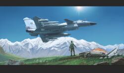 1girl aerial_battle aircraft airplane battle blue_sky chengdu_j-10 dassault_rafale dogfight fighter_jet helmet highres indian_air_force lens_flare letterboxed military_vehicle mountainous_horizon original pakistan_air_force pl-15 ponytail shouhui_lang_qun signature sky solo sun vehicle_focus war wreckage