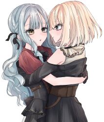 2girls ascot bang_dream! bang_dream!_it&#039;s_mygo!!!!! black_ascot black_dress black_ribbon blonde_hair blue_hair blush closed_mouth clothing_cutout collared_shirt commentary_request doloris_(bang_dream!) dress hair_ribbon highres hug long_hair medium_hair misumi_uika multiple_girls nyako_(2446_ny) oblivionis_(bang_dream!) parted_lips purple_eyes red_shirt ribbon shirt shoulder_cutout simple_background smile togawa_sakiko two_side_up white_background yellow_eyes yuri