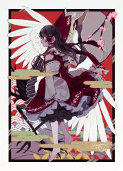 1girl absurdres barefoot bird bow brown_hair commentary_request crane_(animal) detached_sleeves frilled_bow frilled_hair_tubes frills hair_bow hair_tubes hakurei_reimu highres long_hair red_bow red_skirt ribbon-trimmed_sleeves ribbon_trim shi_chimi signature skirt skirt_set solo toes touhou
