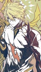 1boy alternate_form bare_pectorals black_shirt blonde_hair commentary cracked_skin hair_between_eyes halo halo_behind_head honkai:_star_rail honkai_(series) male_focus material_growth pectorals phainon_(honkai:_star_rail) shirt solo toned toned_male toriyoshi torn_clothes torn_shirt twitter_username upper_body yellow_eyes