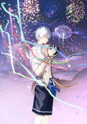 Rule 34 | 1boy, absurdres, aerial fireworks, blue shorts, bracelet, camera, closed eyes, closed mouth, confetti, eve (meltdown), fireworks, from side, highres, holding, holding camera, honkai (series), honkai impact 3rd, jewelry, kevin kaslana, male focus, navel, night, night sky, official alternate costume, open clothes, open shirt, outdoors, shirt, short hair, shorts, single-lens reflex camera, sky, white hair, white shirt
