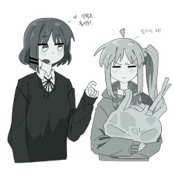 2girls bag blonde_hair blue_hair bocchi_the_rock! bow grocery_bag hair_ornament hairclip highres ijichi_nijika mole multiple_girls schu_1112 shopping_bag side_ponytail translation_request yamada_ryo